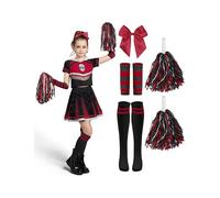 Spooktacular Creations Disfraz de animadora de Halloween para niñas, disfraz de animadora de calavera aterradora con accesorios para niñas, juego de rol, rojo y negro, talla S