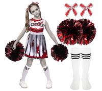 Spooktacular Creations Disfraz de animadora de Halloween para niñas, disfraz de animadora zombi para niños, vestido de líder del miedo para fiestas de rol de disfraces, rojo y blanco, talla L