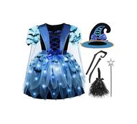Spooktacular Creations Disfraz de bruja iluminada para niña, con sombrero y escoba, ideal para fiestas de Halloween, color azul (3-4 años)
