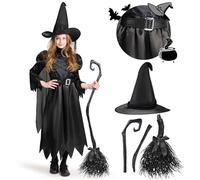 Spooktacular Creations Disfraz de bruja negra para niñas, conjunto de Halloween para niños con escoba, vestido de bruja para fiestas temáticas de juegos de rol de Halloween, XL