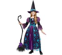 Spooktacular Creations Disfraz de bruja para niñas, vestido de bruja de Halloween con sombrero de escoba, disfraz de bruja brillante de luna para fiestas temáticas de juego de rol de mago (talla L