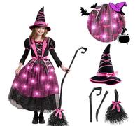 Spooktacular Creations Disfraz de bruja rosa iluminada con sombrero y escoba para niñas, Tollders para disfraces de Halloween (pequeño (5-7 años))