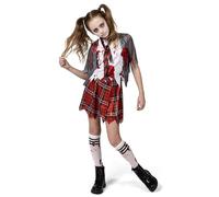 Spooktacular Creations Disfraz de colegiala zombi, disfraz de zombi sangriento para niña, ideal para Halloween, escuela, eventos y fiestas (gris, mediano (8-10 años))