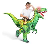 Spooktacular Creations Disfraz de dinosaurio inflable para niños, disfraz de T-Rex con ojos de luz LED, monta un rapaz verde, disfraces de Halloween con aire comprimido digital