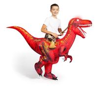 Spooktacular Creations Disfraz de dinosaurio inflable para niños, disfraz de T-Rex con ojos iluminados LED, montar un raptor rojo, disfraces de Halloween inflables con aire impreso digitalmente