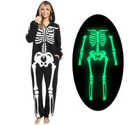 Spooktacular Creations Disfraz de esqueleto para adultos que brilla en la oscuridad, pijama con cremallera y capucha para Halloween, Negro -, Large