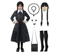 Spooktacular Creations - Disfraz de Halloween negro para niña con estampado floral negro con peluca y medias para niñas y niños, disfraz de Halloween y juego de rol