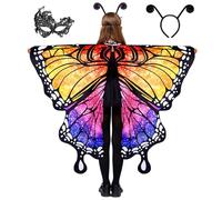 Spooktacular Creations Disfraz de mariposa estrellada arco iris cálido para niña, juego de alas con chal, diadema negra y máscara para ojos para disfraz de Halloween Cosplay