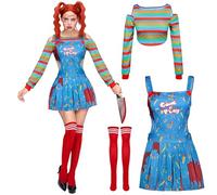 Spooktacular Creations Disfraz de muñeca asesina para mujer, vestido de cosplay de payaso con camiseta arcoíris, falda con tirantes y medias hasta la rodilla para disfraz de fiesta de Halloween-M