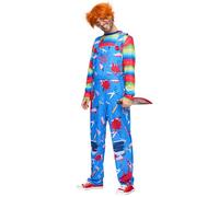 Spooktacular Creations Disfraz de muñeca espeluznante para hombre, disfraz de asesino en serie de serie de televisión horrible con top y pantalones de cuero para disfraces de Halloween de terror