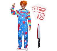 Spooktacular Creations Disfraz de muñeca espeluznante para hombre, disfraz de asesino en serie de serie de televisión horrible con top y pantalones de cuero para disfraces de Halloween de terror