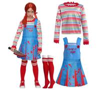 Spooktacular Creations Disfraz de muñeca espeluznante para niña de Halloween, disfraz de muñeca asesina para niñas con camisa arcoíris, vestido y medias hasta la rodilla para fiesta