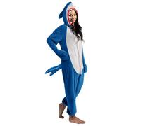 Spooktacular Creations Disfraz de pijama de tiburón azul para mujer con cola de sombrero para vestir, fiesta de juegos de rol, disfraz de Halloween-L