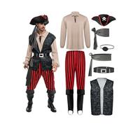 Spooktacular Creations Disfraz de pirata Spooktacular Creations para hombre, color caqui, para adulto, con camisa pirata, chaleco, pantalones vikingos, sombrero y accesorios para fiestas (pequeño)