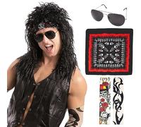 Spooktacular Creations Juego de Peluca de Rockero Negra para Hombre Peluca de Halloween Larga y Rizada con Guantes, 1 par de Gafas, 2 Mangas de Tatuaje y Bandanas para Cosplay de Fiesta de los 80