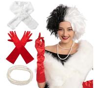 Spooktacular Creations Juego de Pelucas para Mujer en Blanco y Negro con Chal Esponjoso, Guantes, Collar y Soporte para Cigarrillos, Peluca Corta Ondulada de Bob, Peluca de Halloween para Mujer Cruel