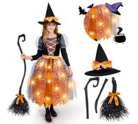 Spooktacular Creations LED Light Up Witch Traje para niñas, disfraz de bruja naranja y púrpura con sombrero, disfraz de bruja dulce diseños fantásticos-L