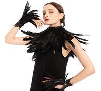 Spooktacular Creations Negro Reina Malvada Accesorios Set con manto de plumas y brazalete de plumas para Halloween Cosplay Fiesta Gothic Crow Maleficent Disfraz Dress Up