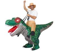 Spooktacular Creations ofrece disfraces inflables para adultos, como el disfraz de T-rex con ojos iluminados, ideal para disfraces de Halloween y fiestas temáticas de cosplay-verde