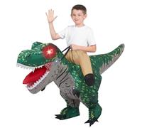 Spooktacular Creations ofrece disfraces inflables para niños, como el disfraz de T-rex con ojos iluminados, perfectos para fiestas de Halloween y eventos de cosplay con temática de dinosaurios.