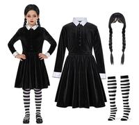 Spooktacular Creations Vestido Negro con Cuello para Niñas, Disfraz de Niña de Escuela de Manga Larga con Peluca, Vestido Skater de Terciopelo para Niños Pequeños en Halloween, Fiesta de Cosplay