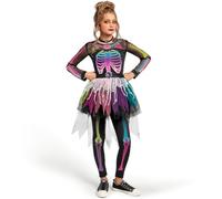 Spooktacular Creations Vestido tutú de esqueleto funky para niñas, disfraz de esqueleto colorido de huesos punky para fiesta de disfraces de Halloween-S