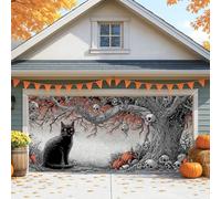 Spooky Cat - Cubierta para puerta de garaje con diseño artístico de calavera y calabaza, decoración de fondo de fiesta de otoño al aire libre e interior, 157 x 71 pulgadas