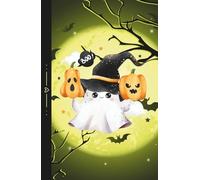 Spooky Cute Ghost Notebook - Kawaii Halloween Journal with Green Moon & Bats: 120 Lined pages, hard cover, 5.5 x 8.5-inches, ghost-theme endpapers, school, office supply, self care diary, gift