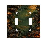 Spooky Dog - Placa de cubierta de interruptor de luz doble con escena de | Paisaje gótico espeluznante, Jack-o'-lanterns y murciélagos, ilustración artística de perro, cubierta de placa de pared