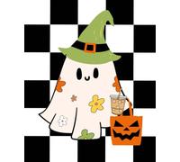 Spooky Ghost Coffee & Floral Checkered Notebook - Halloween Wide Ruled Composition Book with 110 Pages for Journaling, Writing, and School Notes