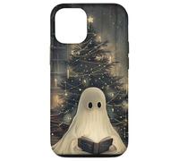Spooky Ghost Reading and Christmas Tree Holiday Bookworm Carcasa para iPhone 12/12 Pro