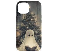 Spooky Ghost Reading and Christmas Tree Holiday Bookworm Carcasa para iPhone 15
