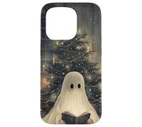 Spooky Ghost Reading and Christmas Tree Holiday Bookworm Carcasa para iPhone 15 Pro