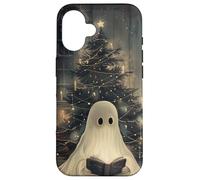 Spooky Ghost Reading and Christmas Tree Holiday Bookworm Carcasa para iPhone 16