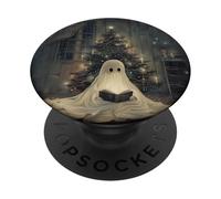 Spooky Ghost Reading and Christmas Tree Holiday Bookworm PopSockets PopGrip Adhesivo