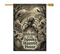 Spooky Haunted - Bandera de casa de Halloween con cita encantada, 71 x 101 | Diseño gótico de bosque, bandera de patio, siluetas de cuervo, imágenes de lápida, decoración de patio de temporada al aire