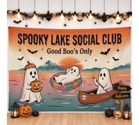 Spooky Lake Ghost Halloween cita fantasmas telón de fondo 210.8 x 149.9 cm | Ilustración fantástica, telón de fondo de fotografía, paisaje de lago atardecer, colgar en la pared de otoño