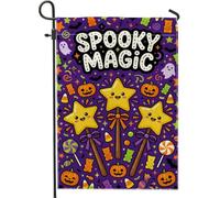 Spooky Magic Star Wands - Bandera de jardín de Halloween de 12 x 18 | Varitas de estrella, bandera de patio, calabazas, caramelos de goma, maíz de caramelo, fantasmas, fondo violeta vibrante