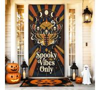 Spooky Moth Moon Phase - Cubiertas de puerta de Halloween de 36 x 72 | Ilustración de polilla de calavera, pancarta de porche, fases lunares, estallido de sol retro, estética oculta