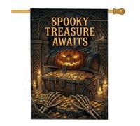 Spooky Pirate Treasure Halloween Jack-o'-lantern - Bandera de casa de 28 x | Cofre del tesoro gótico, bandera de patio, manos de esqueleto, velas brillantes, fondo de nudo celta