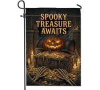 Spooky Pirate Treasure Halloween Jack-o'-lantern - Bandera de jardín de 12 | Cofre del tesoro gótico, bandera de patio, manos de esqueleto, velas brillantes, fondo de nudo celta