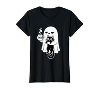 Spooky Season Ghost Bebiendo café Boojee Halloween Cat Camiseta gráfica económica, Mujer, Negro, L