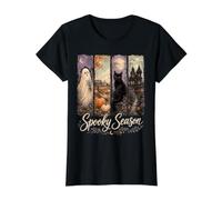 Spooky Season Ghost Cat Haunted House Pumpkins Camiseta gráfica económica, Mujer, Negro, L