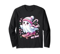 Spooky Season-Hey Boo! Christmas Lights Skateboard Ghost Kid Manga Larga