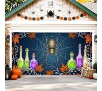 Spooky Spider and Potion Bottles - Cubierta para puerta de garaje de | Botellas de poción brillante, pancarta para puerta de garaje, hojas de arce otoñales, telaraña espeluznante
