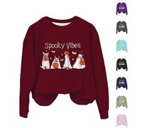 Spooky Vibes - Sudadera divertida de Halloween para mujer, talla grande, disfraces de Halloween, manga larga, cuello redondo, calabaza, ropa de festival de terror, blanco, M