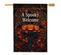Spooky Welcome Halloween Pumpkins Jack-o'-lanterns - Bandera de casa de 28 | Hojas de arce otoñales, bandera de patio, cuervos negros, pedestal de piedra gótica, tema de cosecha de otoño