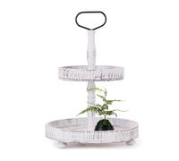 sporful Soporte de madera de 2 niveles, bandeja redonda rústica blanca con asas, exhibición desmontable para servir frutas y postres