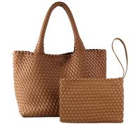 SporGenius Woven Tote Bag for Women, Vegan Leather Handwoven Bags with Small Handmade Purse, Large Travel Braided Top Handle Handbags (Brown)