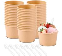 Sporgo Juego de 50 vasos para sopa para llevar, 240 ml, de cartón, con 50 cucharas, tazas de sopa de color marrón, vasos compostables con PLA para aperitivos, sopa, ensalada, postres, aperitivos